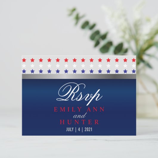 Rood, wit en blauw patriottisch Star Weddenschap RSVP Kaartje (Staand voorkant)