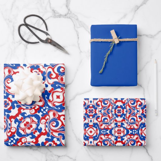 Rood, wit en blauw patroon inpakpapier vel (Voorkant)