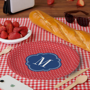 Rood Wit en Blauw Polka Dots Monogram Papieren Bordje