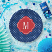 Rood Wit en Blauw Polka Dots Monogram Papieren Bordje (Feest)