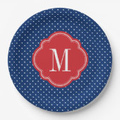 Rood Wit en Blauw Polka Dots Monogram Papieren Bordje (Voorkant)