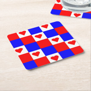 Rood, wit en blauw vierkant met rood hart vierkante kartonnen onderzetter