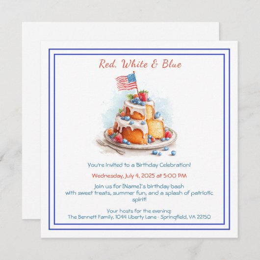 Rood wit en blauw Waterverf verjaardagsuitnodiging Feestdagenkaart (Voorkant / Achterkant)