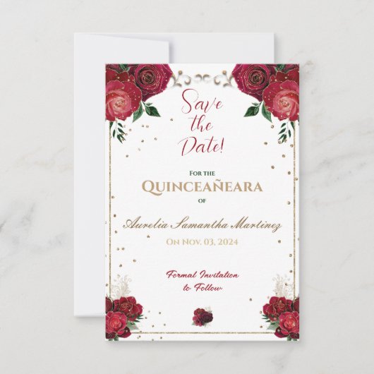 Rood, wit en goud Quinceañera Save the Date (Voorkant)