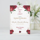 Rood, wit en goud Quinceañera Save the Date (Staand voorkant)