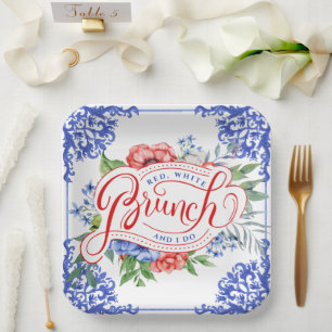 Rood, wit en ik maak Floral Bridal Brunch Shower Papieren Bordje