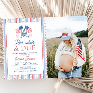 Rood, Wit en Op Komst 4 juli Baby Shower Foto Kaart