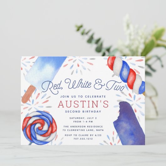 Rood, wit en twee | Kinder Tweede verjaardag Kaart (Staand voorkant)