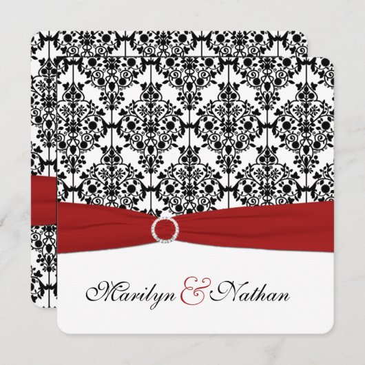 Rood, Wit, en Zwart Damast bruiloft uitnodiging 2 (Voorkant / Achterkant)