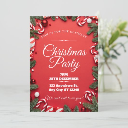 Rood & Wit Feestelijke Uitnodiging van het Kerstmi (Staand voorkant)