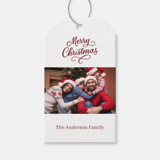 Rood wit fotoscript Kerstmis Cadeaulabel (Voorkant)