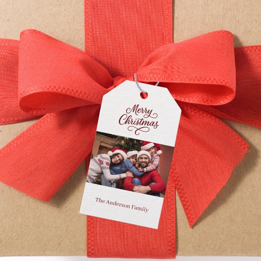 Rood wit fotoscript Kerstmis Cadeaulabel