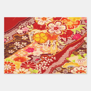 Rood Wit Geel Japans Kimono Bloemen Decoupage Inpakpapier Vel
