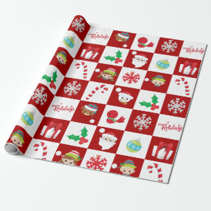 Rood Wit Geruit Kerstmis Xmas Cartoon  Cadeaupapier