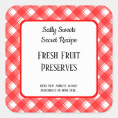 Rood-wit geruit retro aangepast inmaak- of receptl vierkante sticker (Voorkant)