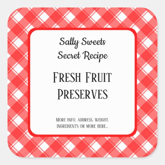 Rood wit geruit retro aangepaste inmaak- of recept vierkante sticker (Voorkant)