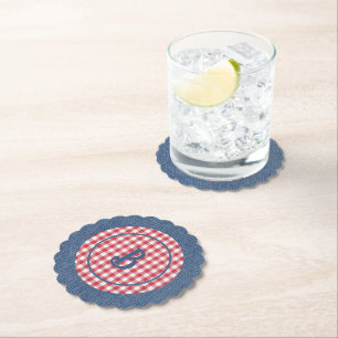 Rood & Wit Gingham, Blauwe Denim Print, Initiaal ( Kartonnen Onderzetters