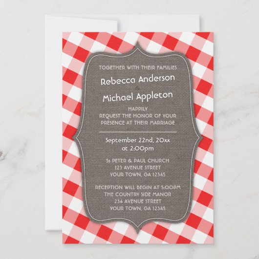 Rood & Wit Gingham Canvas Bruiloft uitnodigingen (Voorkant)