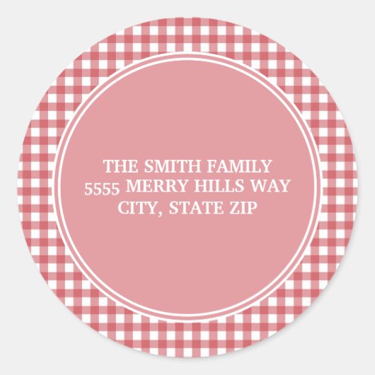 Rood wit Gingham Roze Retouradres Ronde Sticker (Voorkant)