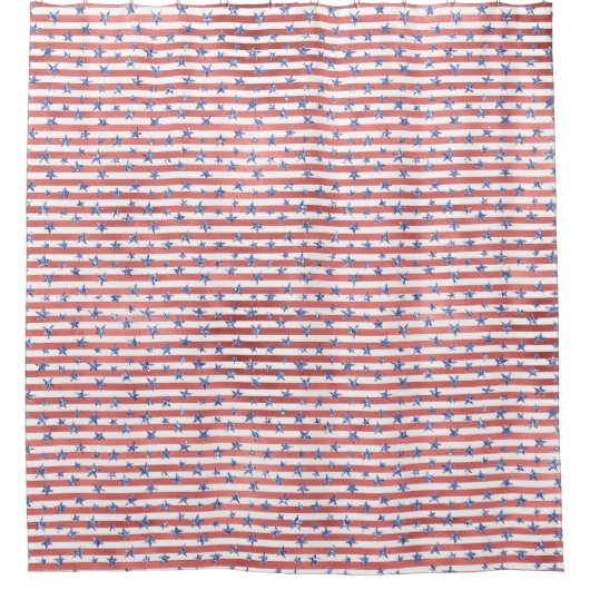 Rood Wit Glitter Blauwe Sterren Strepen Douchegordijn (Voorkant)
