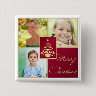Rood, wit, gouden kerstboom Foto Button