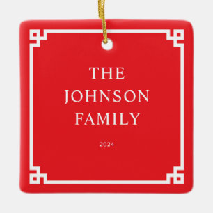 Rood Wit Grieks Sleutel Grens Familie Foto Keramisch Ornament