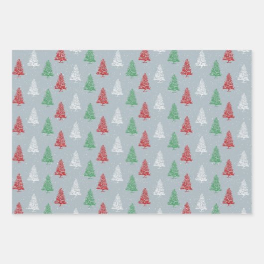 Rood Wit Groen Gestempelde Snowy Kerstbomen Inpakpapier Vel (Voorkant 2)