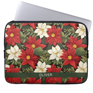 Rood Wit Groen Poinsettia Bloemen Patroon Naam Laptop Sleeve