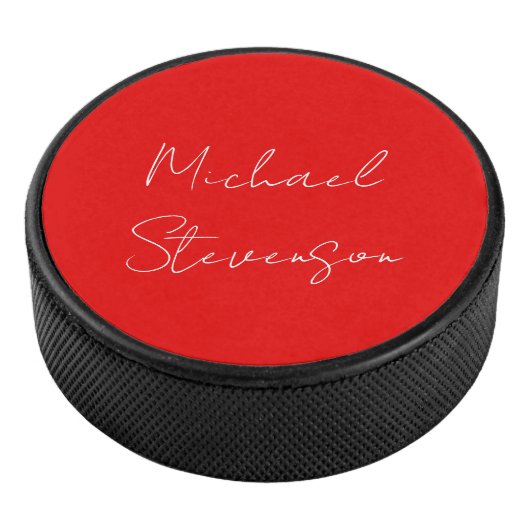 Rood wit handgeschreven minimalistisch Jouw naam Hockey Puck (3/4)