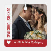 Rood Wit Hart 1e Kerst Mr & Mrs Foto Metalen Ornament (Voorkant)