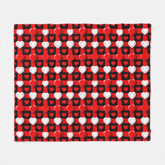 Rood-Wit Hartpatroon Fleece Deken (Voorkant (Horizontaal))
