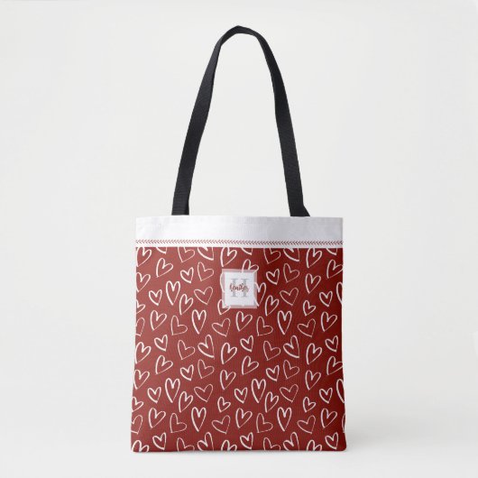 Rood wit hartpatroon monogram Canvas tas (Voorkant)