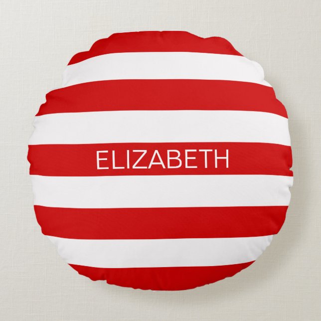 Rood wit horizontaal Preppy Stripe Name Monogram Rond Kussen (Voorkant)