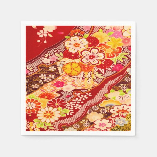 Rood Wit Japans Kimono Bloemen Decoupage Papier Servet (Voorkant)