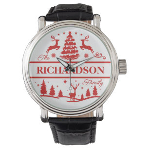 Rood Wit Kerstmis Gepersonaliseerde familienaam Horloge