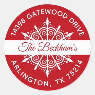 Rood Wit Kerstmis Sneeuwvlok Retouradres Ronde Sticker