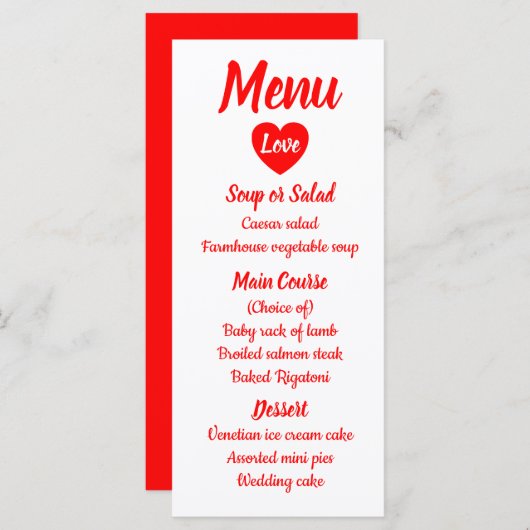 Rood & Wit Liefde Hart Menu Trouwfeest (Voorkant / Achterkant)