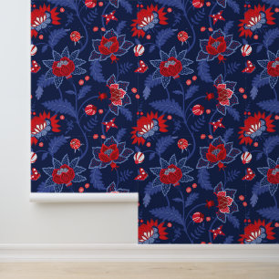 Rood, Wit, Marine & Blauw Indisch Bloemenpatroon Behang