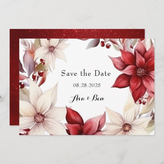 Rood Wit Poinsettia Bruiloft Save the Date Kaarten (Voorkant / Achterkant)