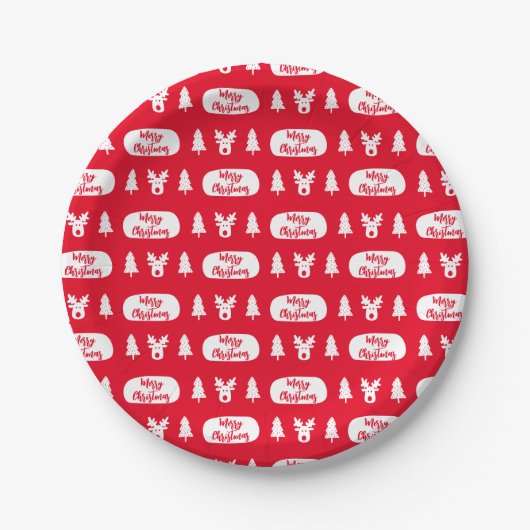 Rood wit rendiertje en kerstboompatroon papieren bordje (Voorkant)