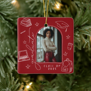 Rood Wit Retro Hand getekend Foto Afstuderen Keramisch Ornament