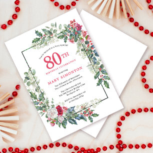Rood Wit Rose Bloemen Holly 80ste Verjaardagsfeest Kaart