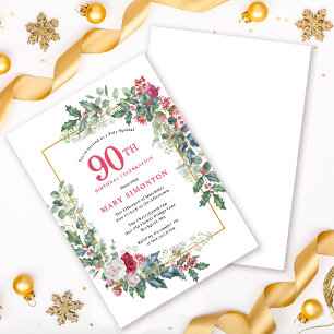 Rood Wit Rose Bloemen Holly 90ste Verjaardagsfeest Kaart