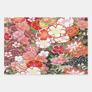 Rood Wit Roze Japans Kimono Bloemen Decoupage Inpakpapier Vel