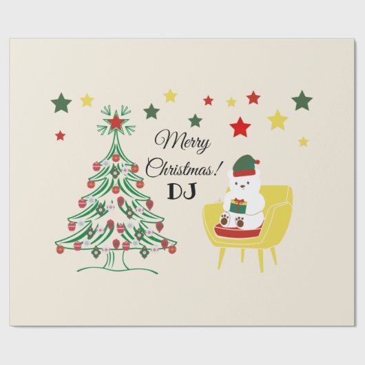 Rood Wit Schattige Beren boomsterren Vrolijk kerst Cadeaupapier (Vlak)