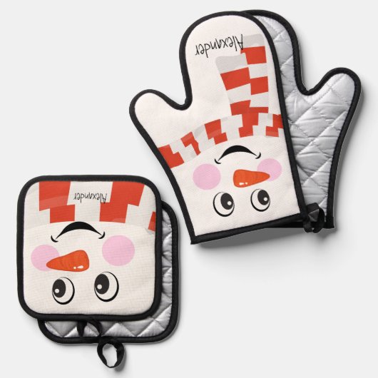 Rood Wit Sjaal Kerstmis Sneeuwman Grappig Gezicht Ovenwant & Pannenlap Set (Voorkant / Achterkant)