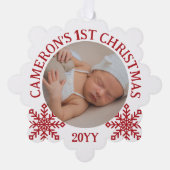 Rood Wit Sneeuwvlokken Baby's 1e Kerstmis Ornament Kaart (Voorkant)