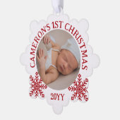 Rood Wit Sneeuwvlokken Baby's 1e Kerstmis Ornament Kaart (Links)