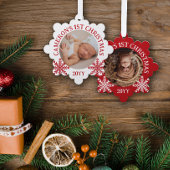 Rood Wit Sneeuwvlokken Baby's 1e Kerstmis Ornament Kaart