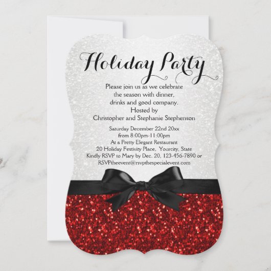 Rood/Wit Sparkly Bow Shaped Holiday Party Kaart (Voorkant)